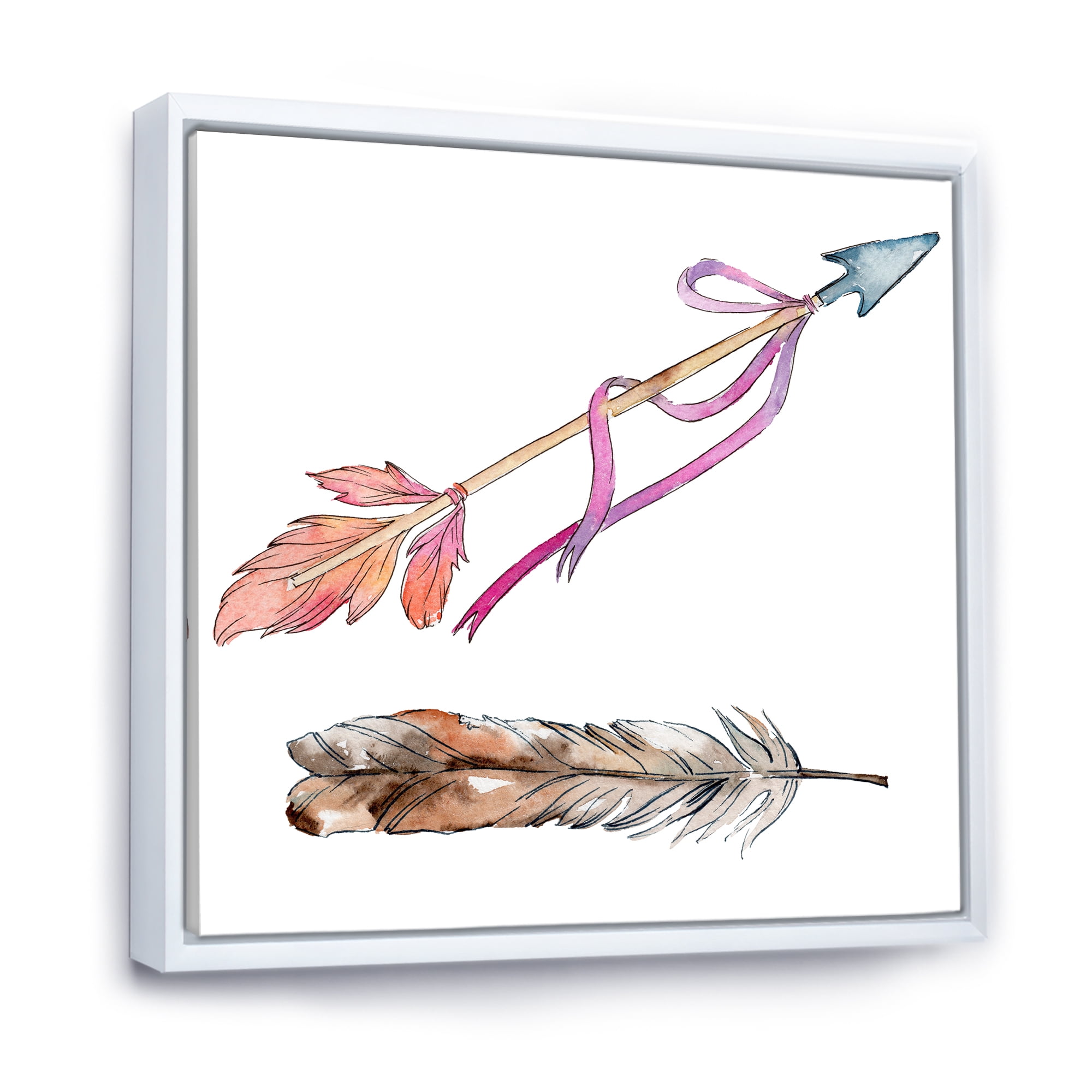 Designart 'Pink Bird Feather From Wing on Arrow' Bohemian & Eclectic Framed Canvas Wall Art Print