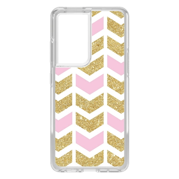 DistinctInk Clear Shockproof Hybrid Case for Galaxy S21 ULTRA 5G (6.8" Screen) - TPU Bumper, Acrylic Back, Tempered Glass Screen Protector - Pink & Gold Print - Random Chevron Pattern