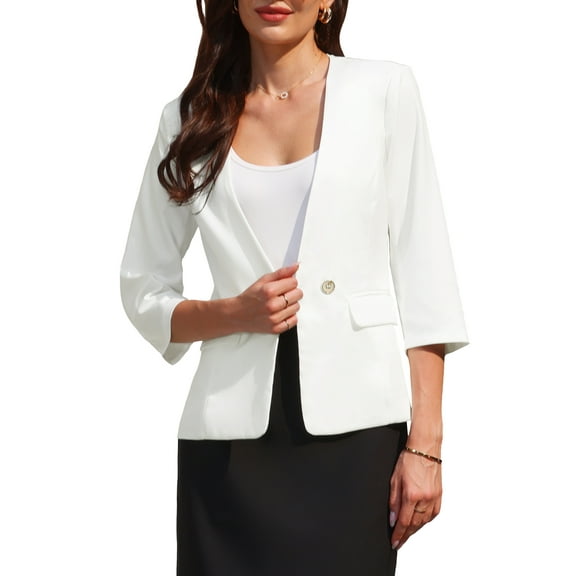 INSPIRE CHIC Women's V Neck Blazer Business Collarless Work 3/4 Sleeve 1 Button Suit S White