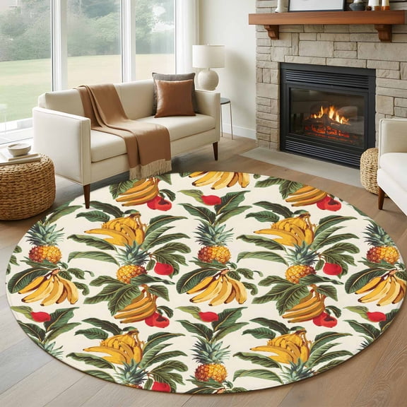 Round Area Rug 6 Ft, Summer Banana Pineapple Washable Non-Slip Circle Carpet for Living Room/Bedroom, Tropical Fruit Botanical Low-Profile Indoor Mats Collection Rugs for Residential