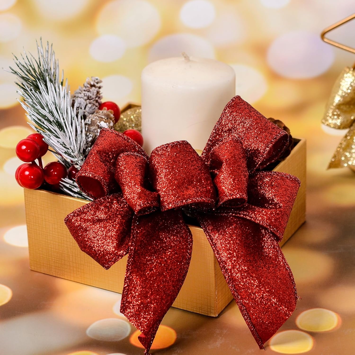 Glitter Wired Ribbon,Bexikou 2 Rolls Red Gift Wrapping Ribbon, Christmas Decorative Ribbons for Crafts Bow Wreath DIY Gift Wrapping Supplies (2.5 Inch x 20 Yards)