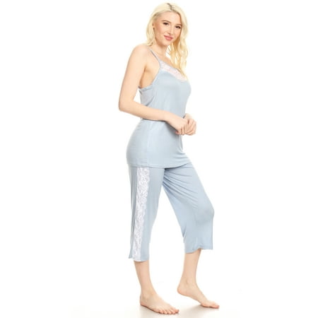 - 1JVSET18C Womens Capri Set Sleepwear Pajamas Woman Sleeveless Sleep Nightshirt Blue S