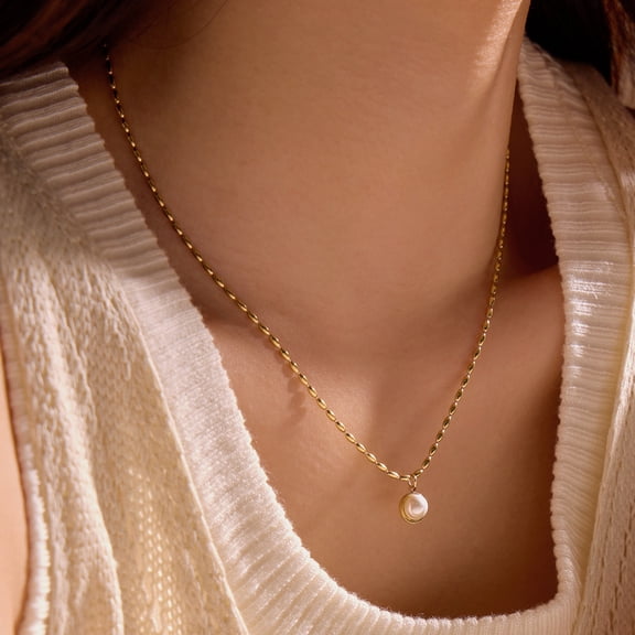 NICKSUN 18K Gold Plated Stainless Steel Single Imitation Pearl Pendant Necklace, Dainty Oval Link Chain Minimalist Collarbone Necklace for Women