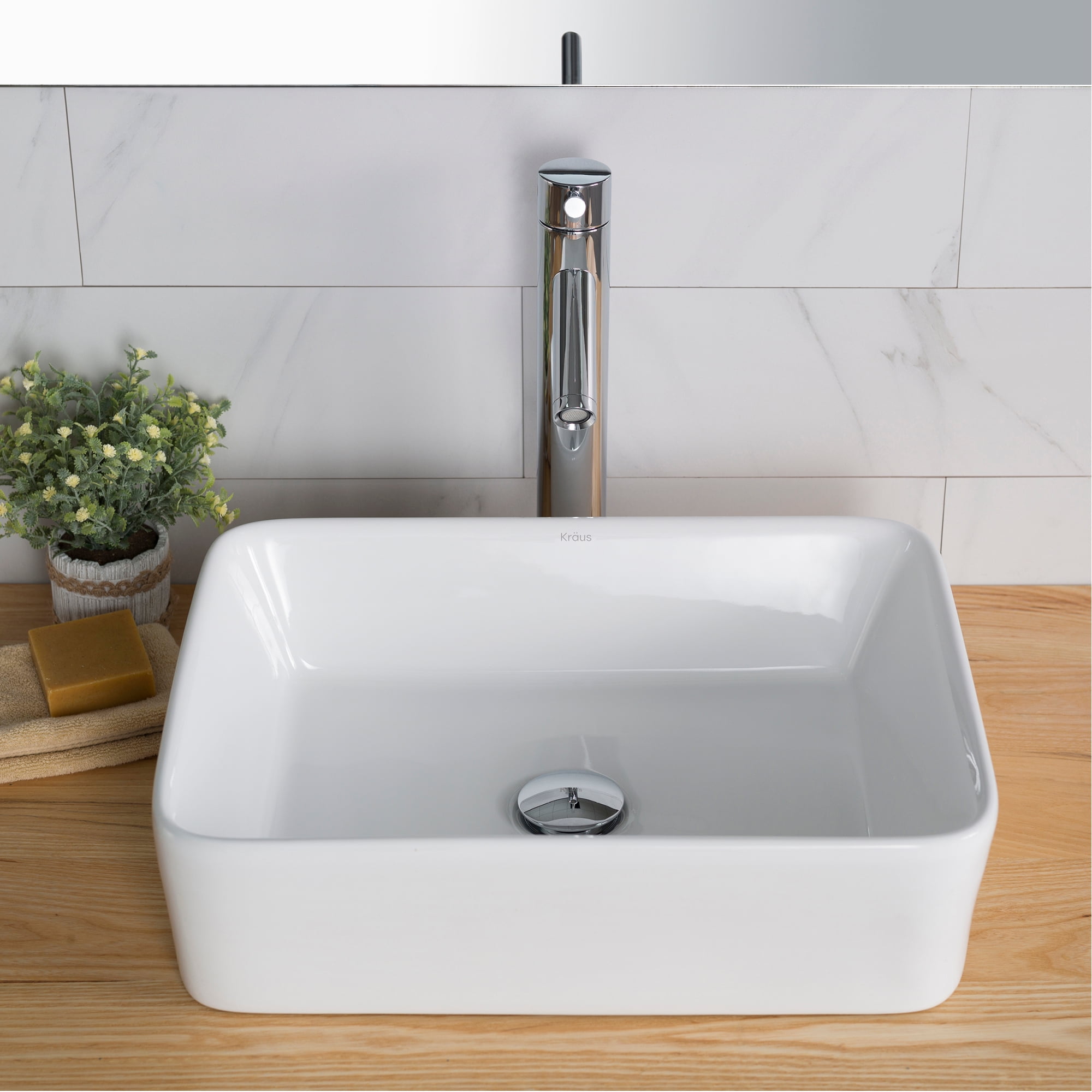 KRAUS Elavo Modern Rectangular Vessel White Porcelain Ceramic Bathroom Sink, 19 inch