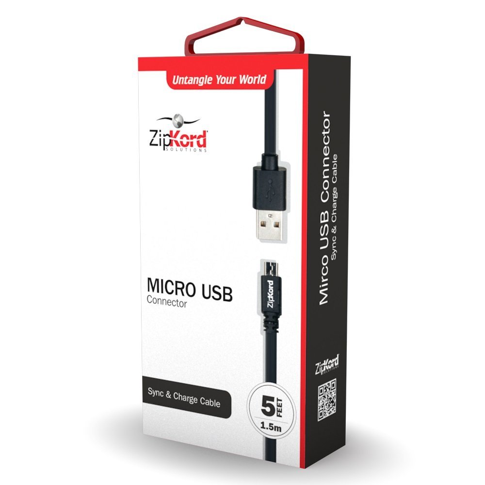 Ekg-Zipkord ZKCB5P5BK14 5 ft. Low-Profile Sync and Charge Micro USB Cable, Black