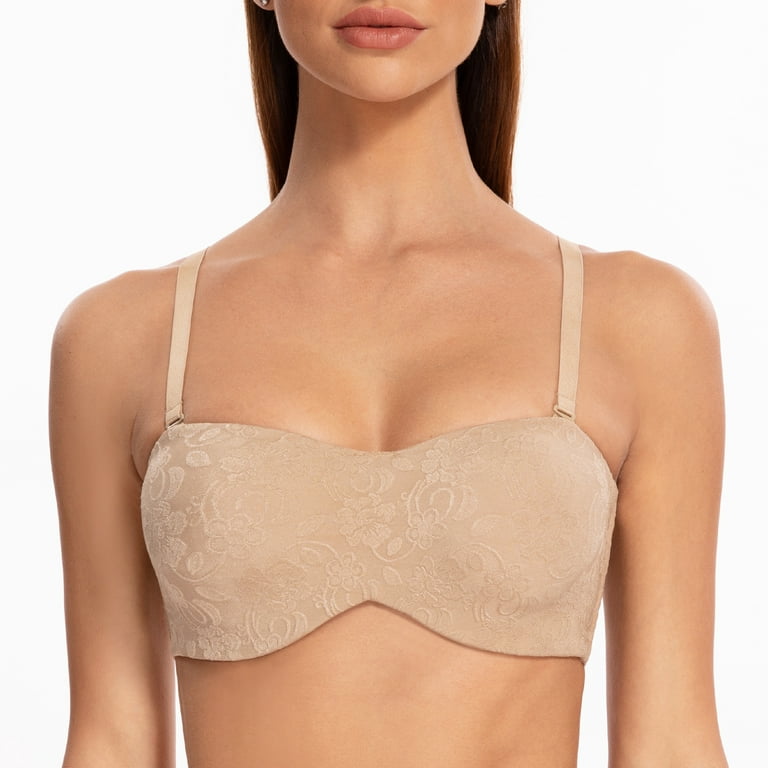 MELENECA Women's Unlined Strapless Bra with Underwire Minimizer for Large  Busts Seamless Jacquard Fabric Beige 34E 