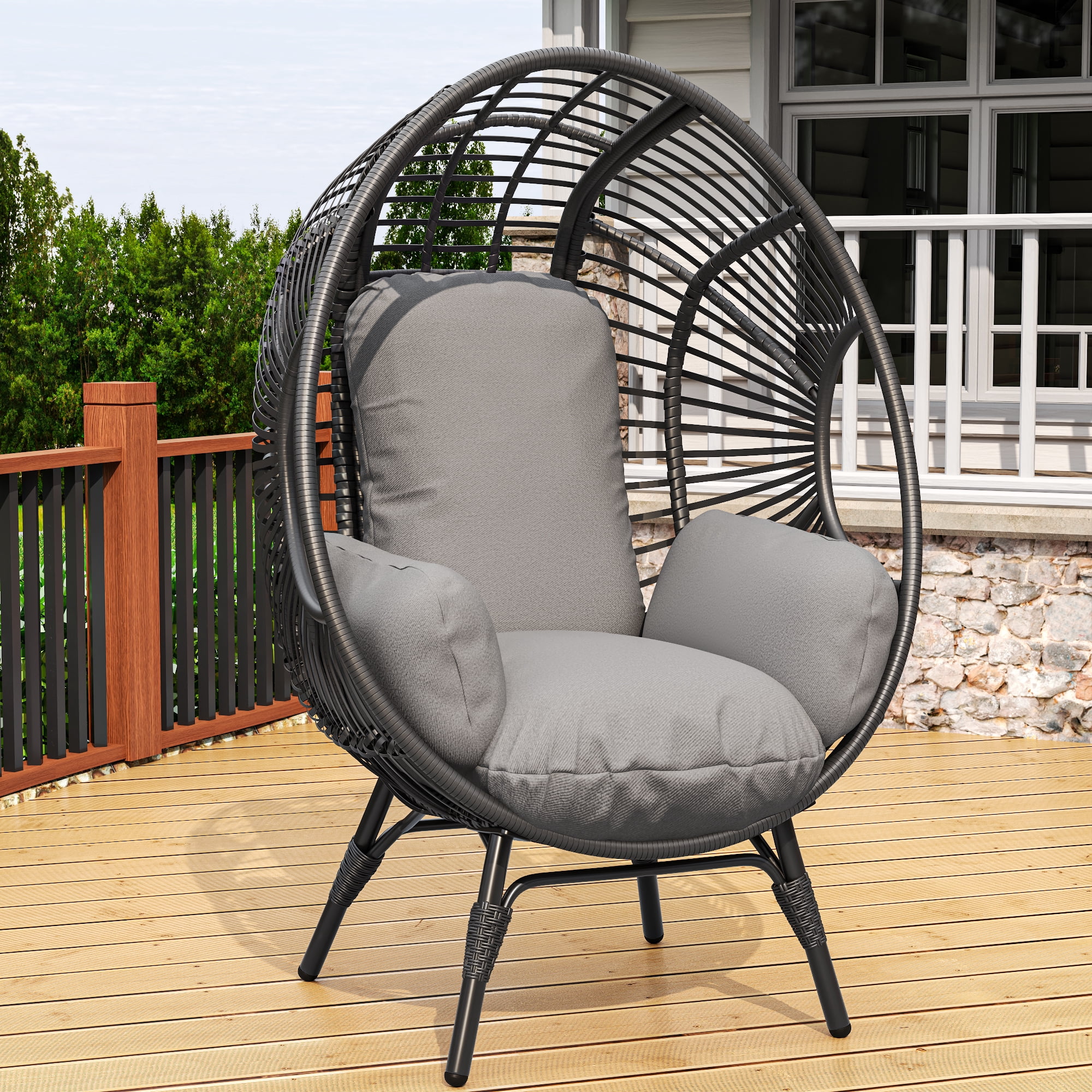 Leumius Outdoor Egg Chairs,Oversized Outdoor Patio Wicker Egg Shell Lounger Lawn Chair with Cushion for Indoor Porch Balcony Backyard,Black+ Gray