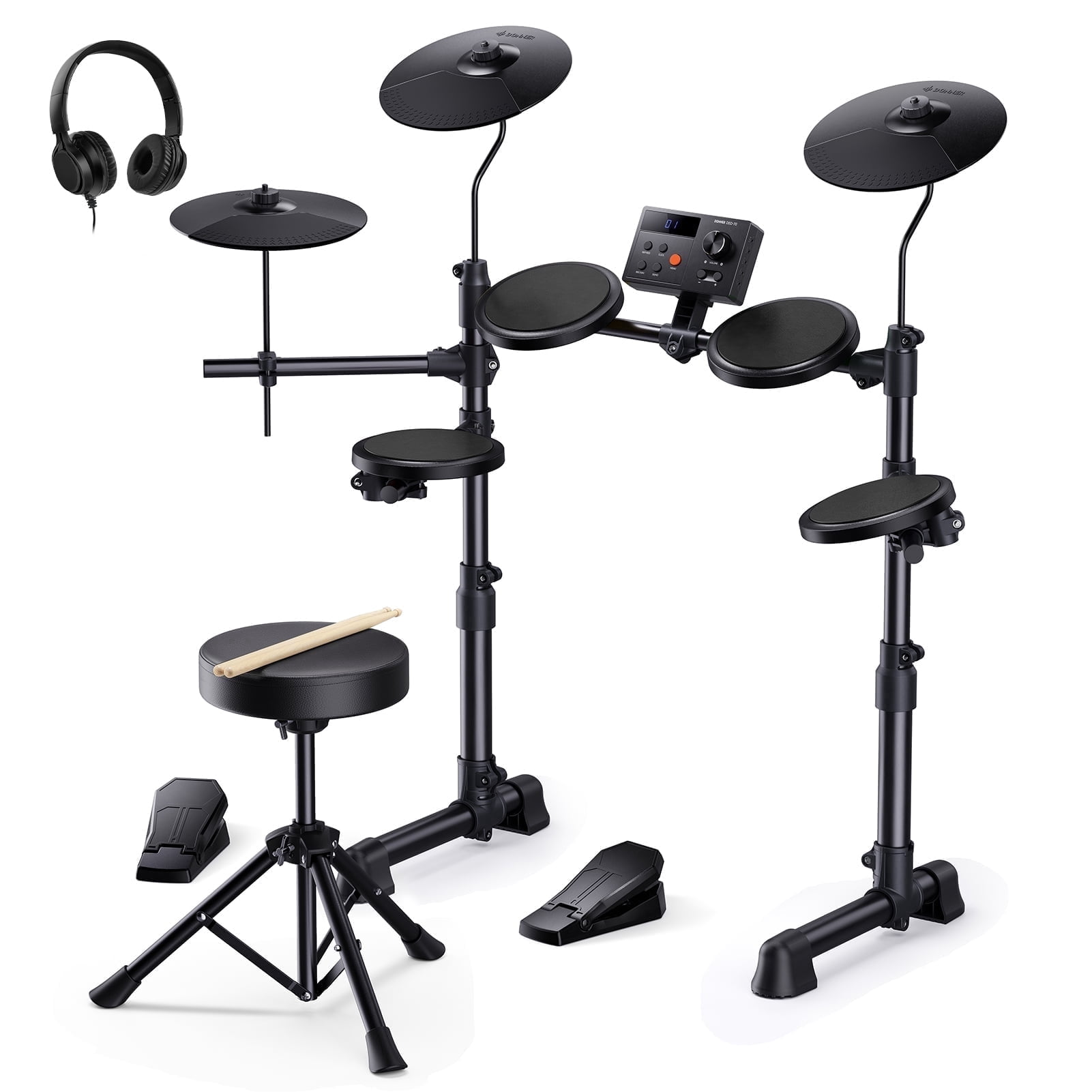 Donner Electric Drum Set for Kids, with 150 Sounds, 15 Drum kits, 10 demo songs, 4 Quiet Silicone Pads, 9" Cymbals, Throne, Headphones, Sticks, Black
