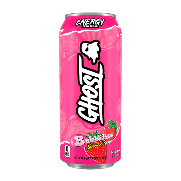 GHOST® ENERGY Zero Sugar Energy Drink, BUBBLICIOUS® Strawberry Splash, 200mg Natural Caffeine, 16 fl oz Can