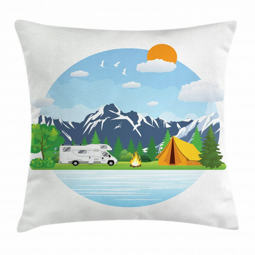 Camper Throw Pillow Cushion Cover, Forest Camping Illustration with