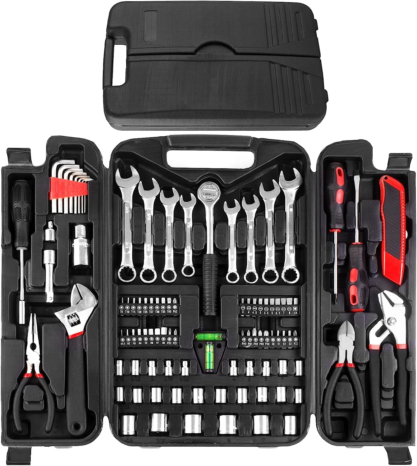 95 Piece Tool Set, Tool Kit, Mechanics Tool Set, Portable Toolbox with Adjustable Wrench Pliers Socket Bits, with Plastic Toolbox, for House Apartment Garage (Red)
