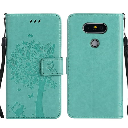 LG G5 Wallet Case, LG G5 Phone Case, Allytech Embossed Cat & Tree Series, Ultra Slim PU Leather Full Body Protective Defender Case Cover Shell Folio Flip Stand Cover With Card Holder for LG G5, Green