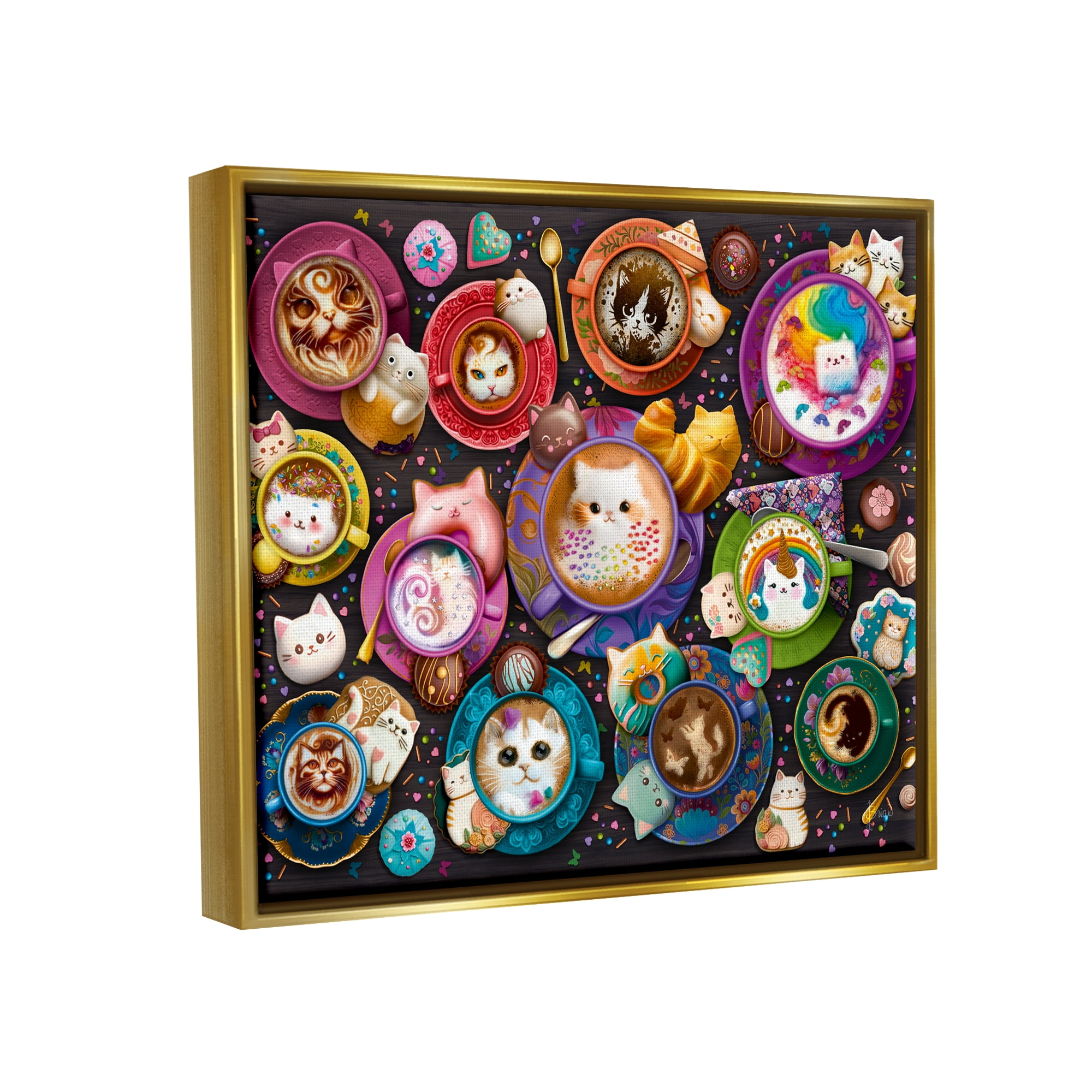 Stupell Industries Various Cat Lattes Food & Beverage Painting Gold Floater Framed Canvas Art Print Wall Art, 31 x 25