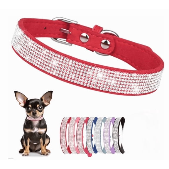 Bling Rhinestone Crystal Dog Collar, Soft Faux Leather Pet Collar for XS Small Medium Girl Dogs, Female Cats & Kittens, Red, S