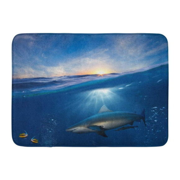 YUSDECOR Blue Ocean Design with Underwater Part and Sunset Skylight Splitted by Waterline and Angry Hungry Shark Rug Doormat Bath Mat 23.6x15.7 inch