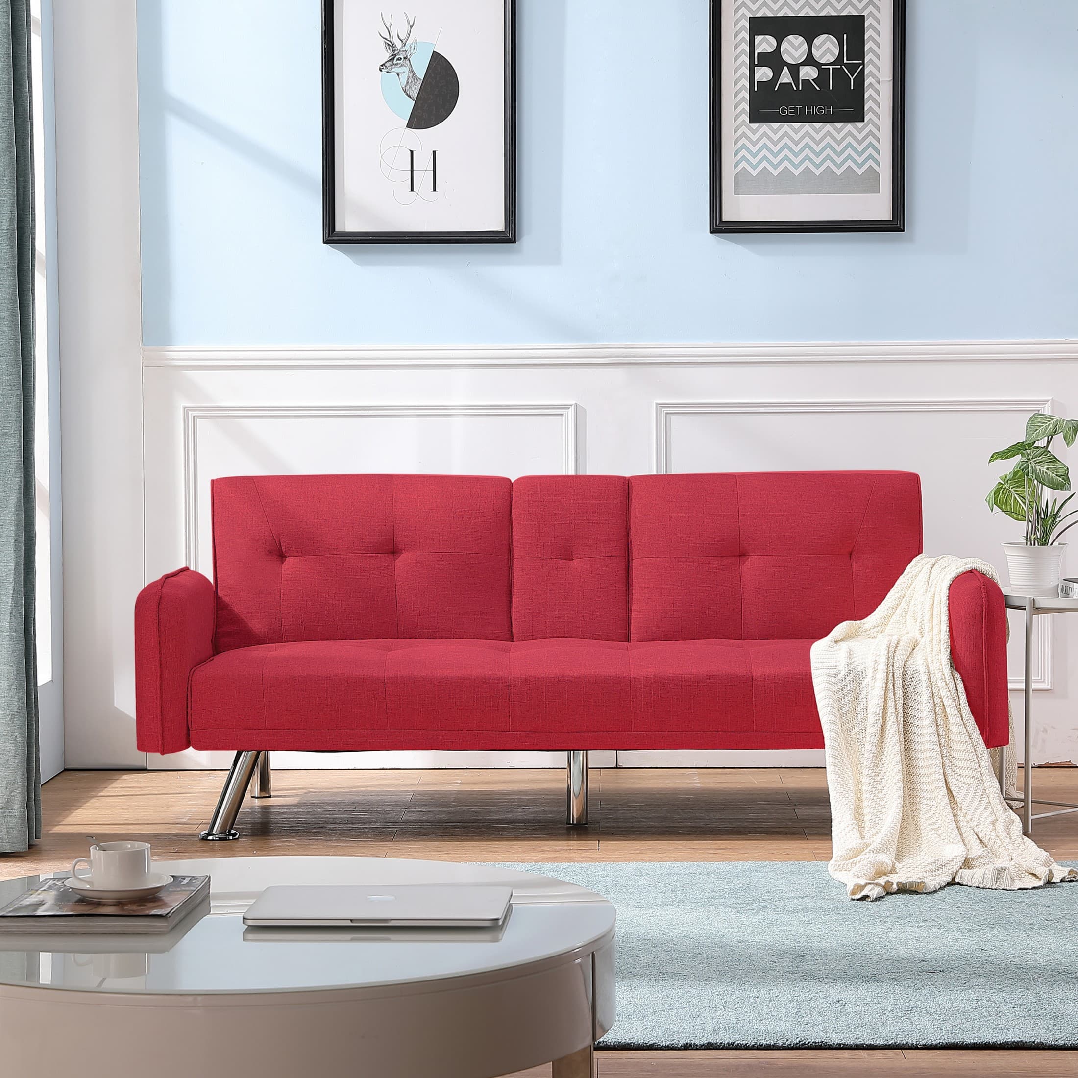 BSHTI 74.4” Futon Sleeper Sofa Bed Features a Drop-Down Middle Backrest, Twin-Sized Futon Bed, Polyester Fabric, 3 Adjustable Backrest, Red