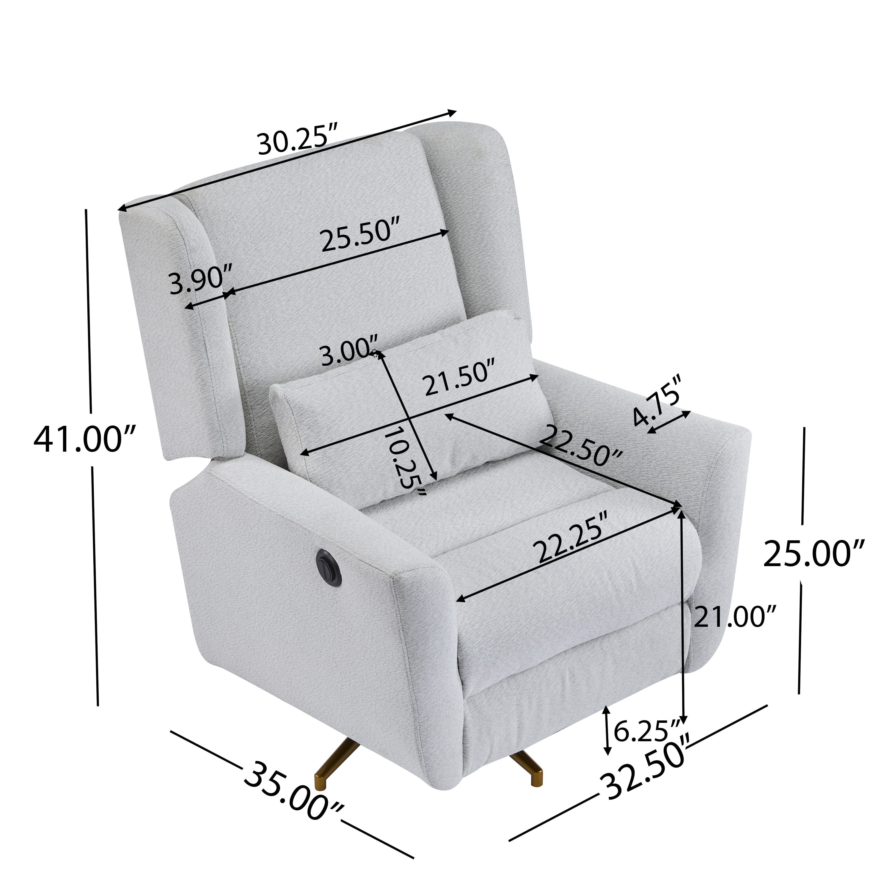 HOQBN Power Recliner Chair with 360° Swivel, 90°-165° Adjustable Backrest, Gold Base, Upholstered Swivel Chair for Home Office,Light Grey