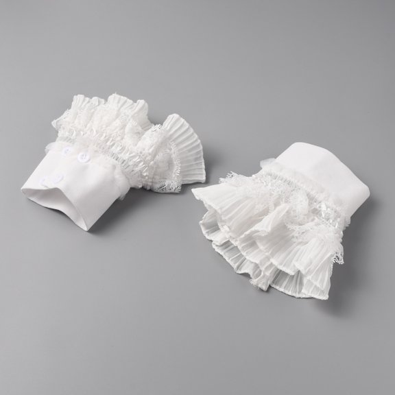 2sets Polyester Oversleeves Layered Lace Wristband False Sleeves Wrist Cuffs with Plastic Button for Women White 300x134x3.8mm 2pcs/set