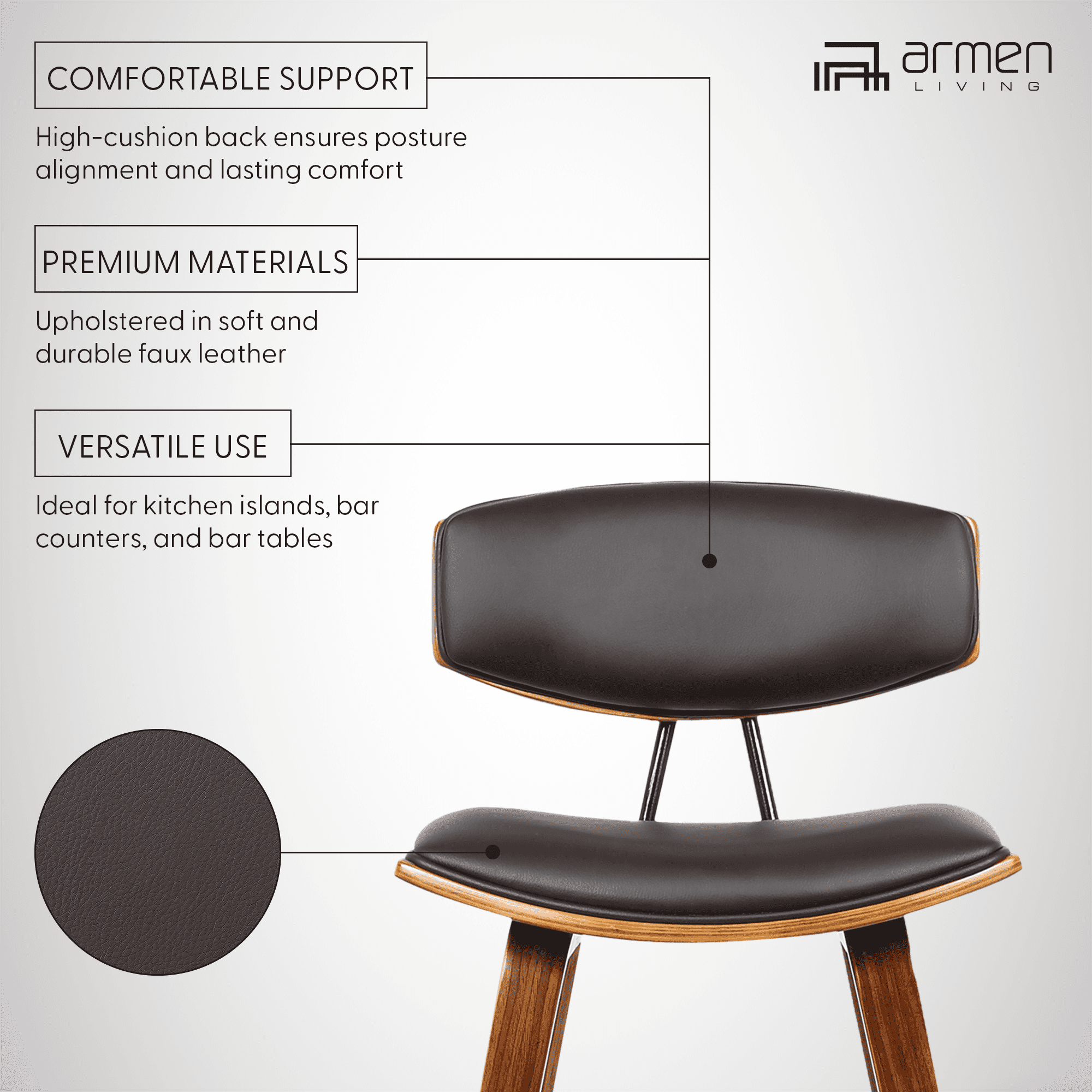 Armen Living Fox 25.5" Modern Faux Leather Counter Stool in Walnut/Brown