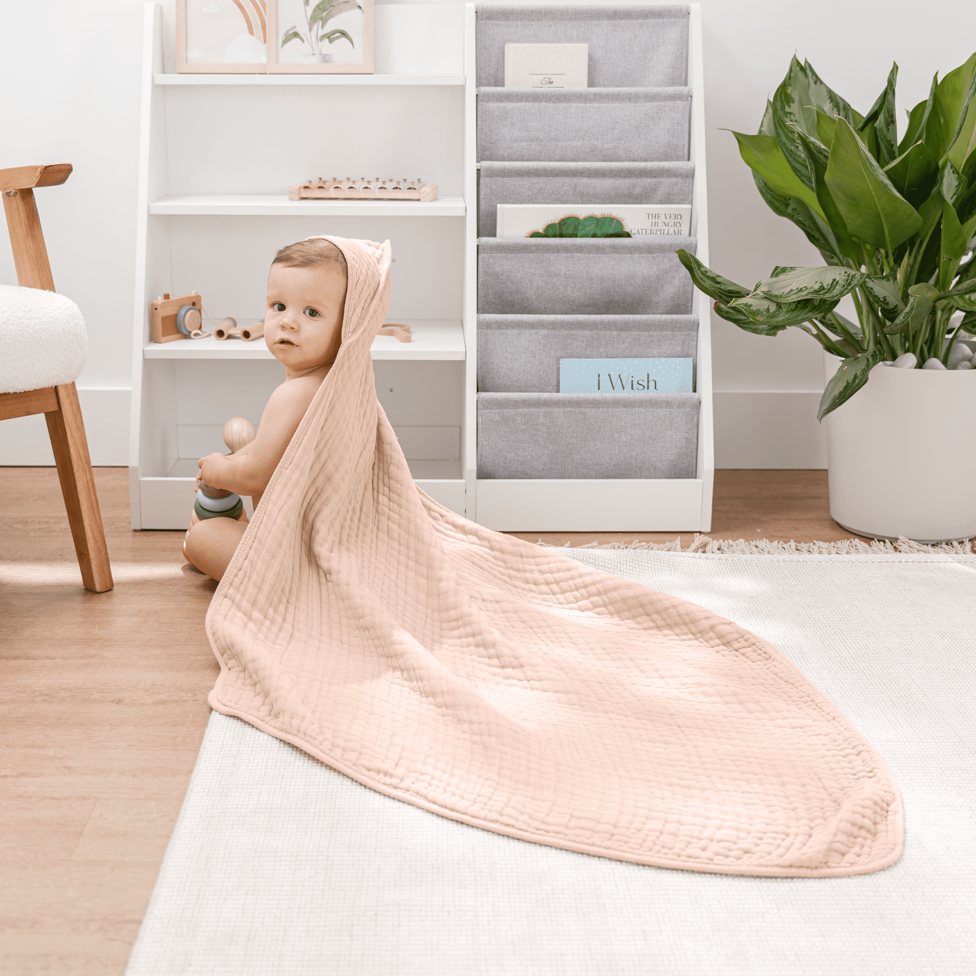 Comfy Cubs Hooded Baby Towels 2-Pack, Large 32" x 32" - 6 Layer, 100% Muslin Cotton, Blush