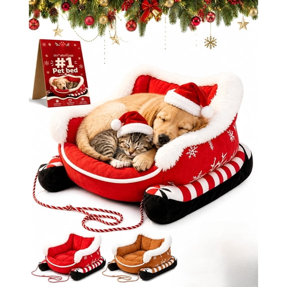 Christmas Dog Bed Sleigh with Non Slip Base for Indoor and Outdoor,Machine Washable