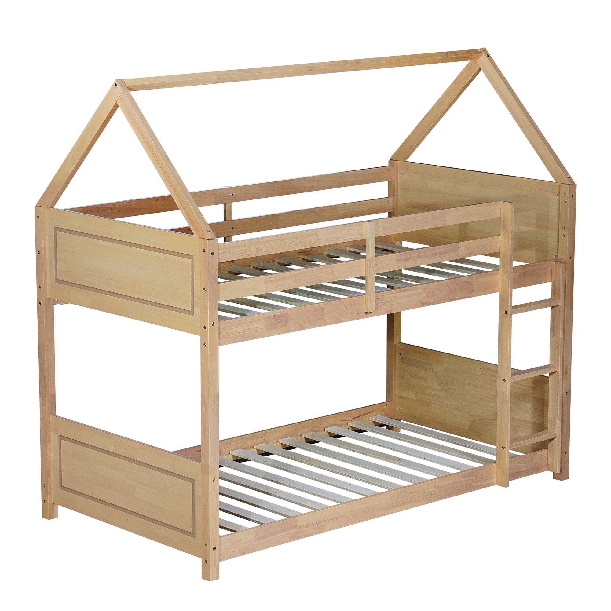 Aukfa Heavy Duty Junior House Bunk Bed with Full-Length Guardrail, Twin Over Twin Bunk Bed Frame, Oak