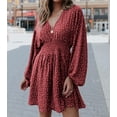 thumbnail image 1 of Robe Courte Imprimée Rouge pour Femme à Col en V, Manches Ballon, Taille Smockée, 1 of 11