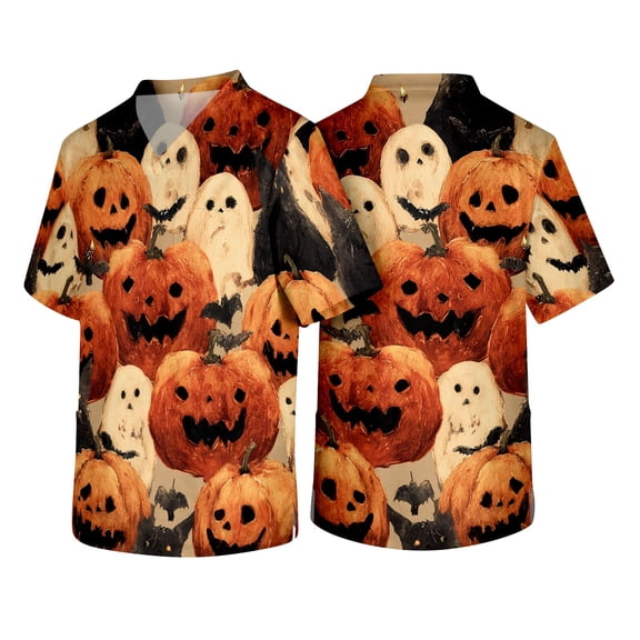 Mens Halloween Scrub Tops Pumpkin Print Working T-Shirts Nurse Casual Short Sleeve V Neck Scrubs Shirt Soft Stretchy Nursing Uniforms