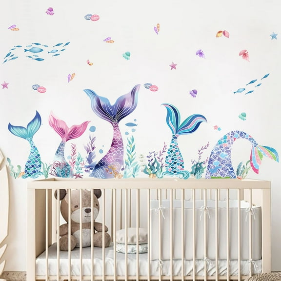 Mermaid Tail Decals 23.6x39.3inch Home Decorative Cartoon Wall Stickers DIY Background Wall Art Mural Stickerfor Bedroom Living Room