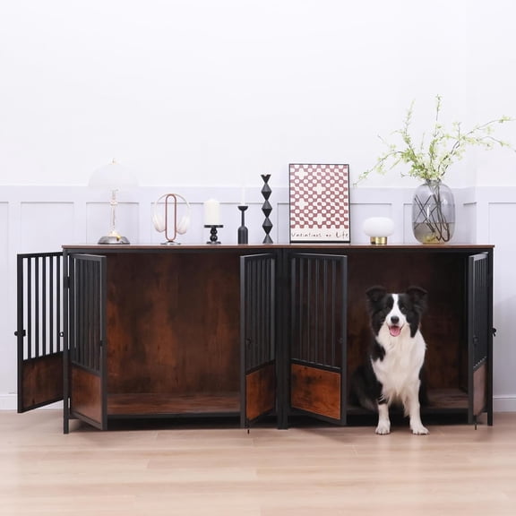 75" Wooden Dog Crate Furniture – Chew-Resistant Kennel for Medium/Large Breeds,3-Door Indoor Kennel with 3.1" Raised Feet, Multi-Functional TV Stand & End Table (Brown, 75 * 26.3 * 32.1 inch)