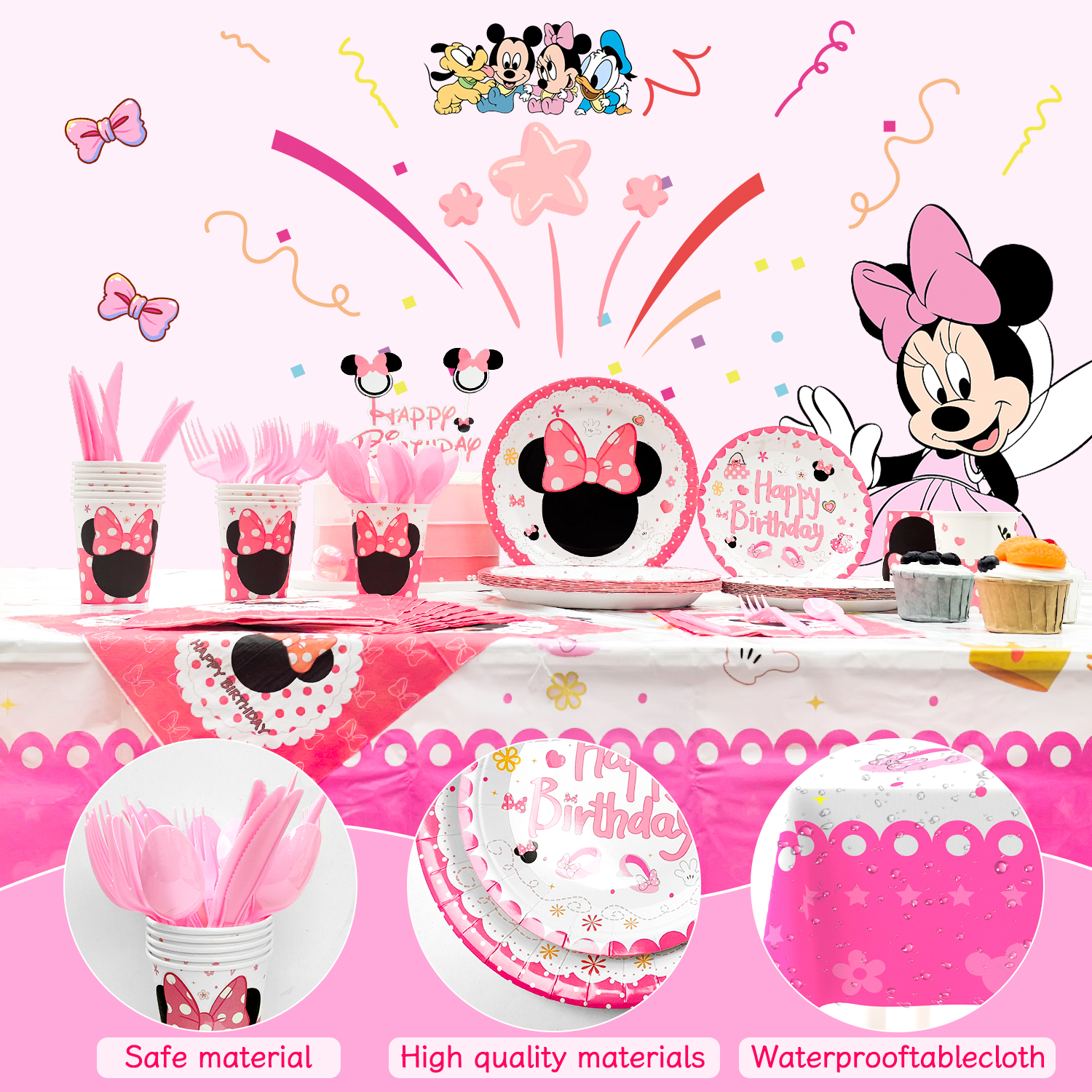 Minnie Birthday Party Supplies Tableware-113pcs Minnie Party Tableware Set Include Minnie Mouse Party Plates Cups Napkins Table Cloth Set ect Minnie Theme Party Decor, Serves 16