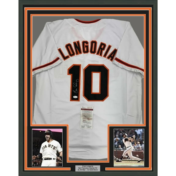 Framed Autographed/Signed Evan Longoria 35x39 San Francisco White Baseball Jersey JSA COA
