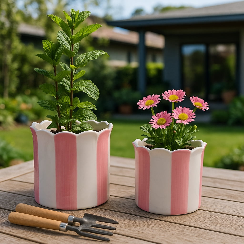 Ceramic Scalloped Striped Flower Pots for Home Decor - Decorative Planters for Indoor and Outdoor Plants - Plant Pots for Living Room and Garden Decor - Set of 2, 7", 6", Pink & White