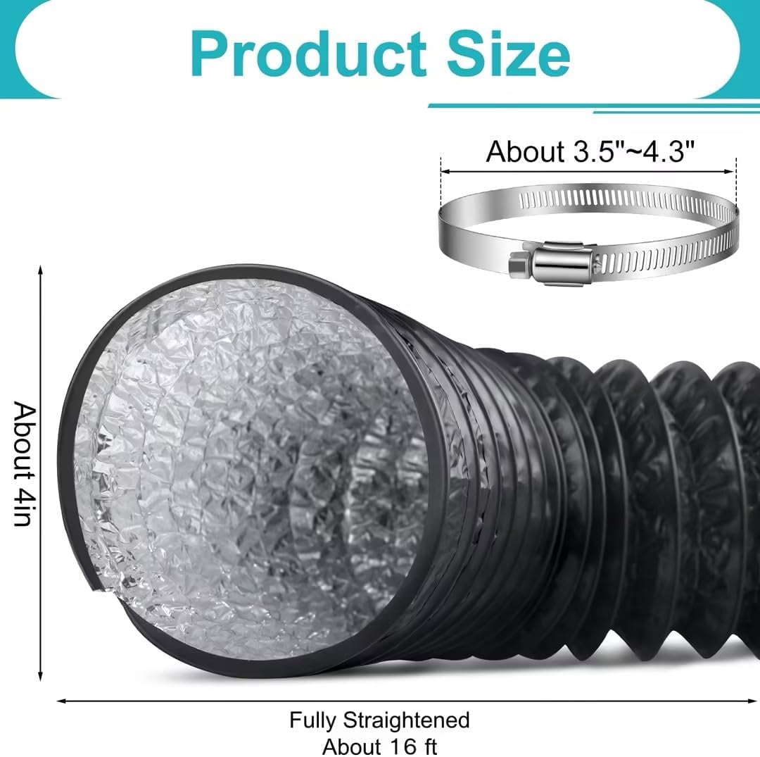 MKEUDQ-Dryer Vent Hose,4 Inch x 16FT Flexible Aluminum Duct-PVC Aluminum Foil Multi-Layer Air Ducting for HVAC Ventilation, Exhaust Fan,Grow Tent,2 Clamps Included