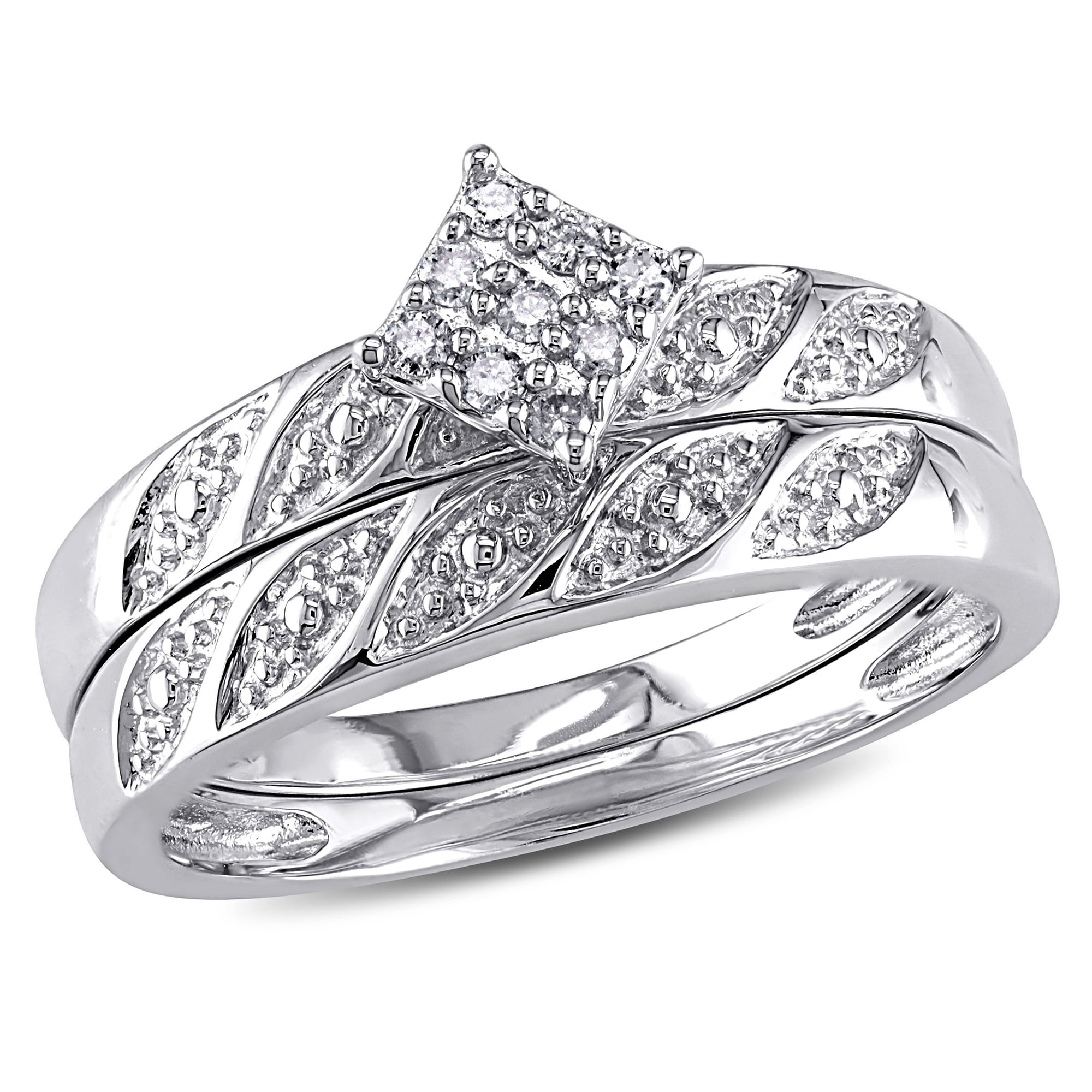 Miabella Women's 1/10 Carat T.W. Diamond Sterling Silver Cluster Wedding and Engagement Rings Set