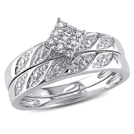 Everly Women's 1/10 Carat T.W. Round-Cut Diamond Bridal Engagement Anniversary Set Ring in Sterling Silver with Diamond on Band and Shared Prong Setting (G-H-I, I2-I3)