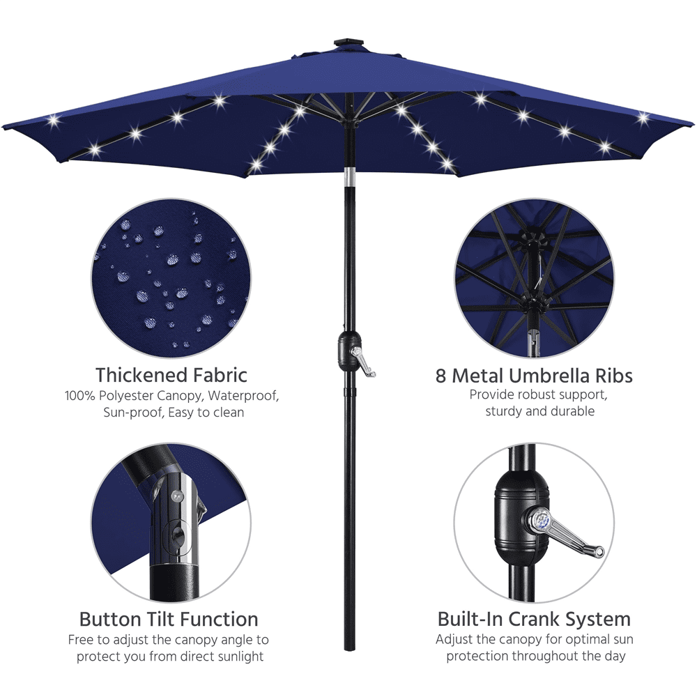 Renwick 10 Ft Outdoor Patio Umbrella with 32 LED Lights, Navy Blue