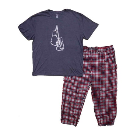 Mens 2pc Gray Graphic Tee & Red Plaid Flannel Pants Sleepwear Pajama Set 2X