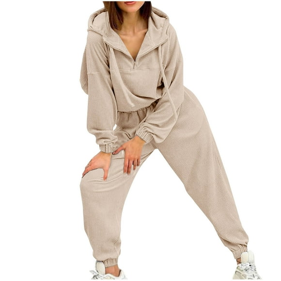 Women Casual Loose Pants Long Sleeve Tops Hooded Set Athletic Suit Set S-135 Beige M