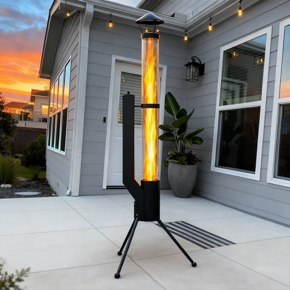 Beneouya Wood Pellet Patio Heater, 64" Portable Fire Pit with Windproof Safety Cover & Glass Tube