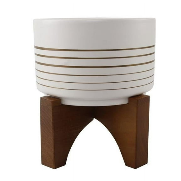 Flora Bunda 7" Ceramic Lines On Wood Stand,White/Gold Line