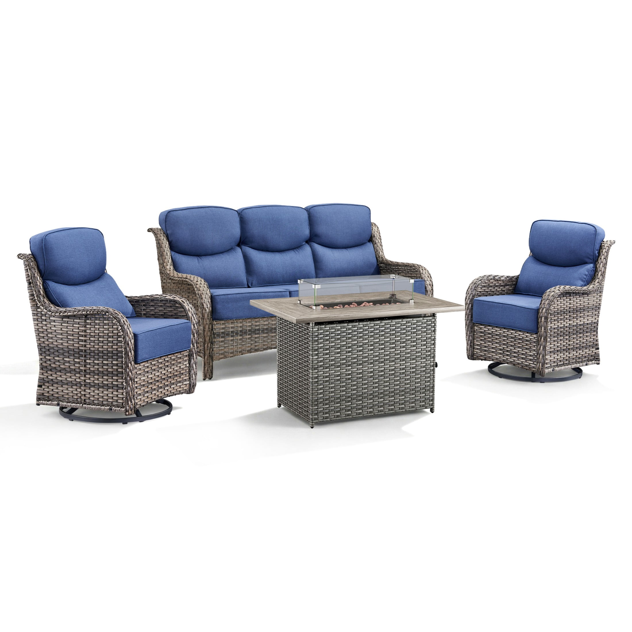 Unnifurnzi 4 Pieces Patio Furniture Set with Fire Pit Table-High Back Outdoor Swivel Chairs Set of 2 with Outdoor Wicker Couch Patio Conversation Sets for Deck Porch Poolside-Gray/Blue