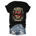 thumbnail image 2 of Camiseta de cuello redondo con estampado de letras "Retro Rock Lips & Always Rock" - Camiseta informal de manga corta para mujer, algodón transpirable, lavable a máquina, ideal para deportes de ocio., 2 of 7
