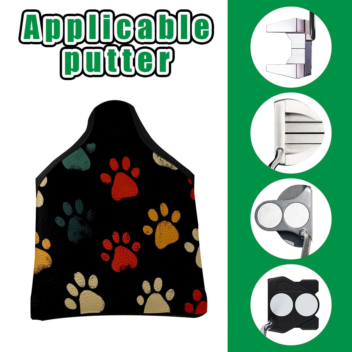 Golf Mallet Putter Cover Premium Leather Waterproof Golf Putter Head Cover with Magnetic Closure Colorful Dog Paw Prints