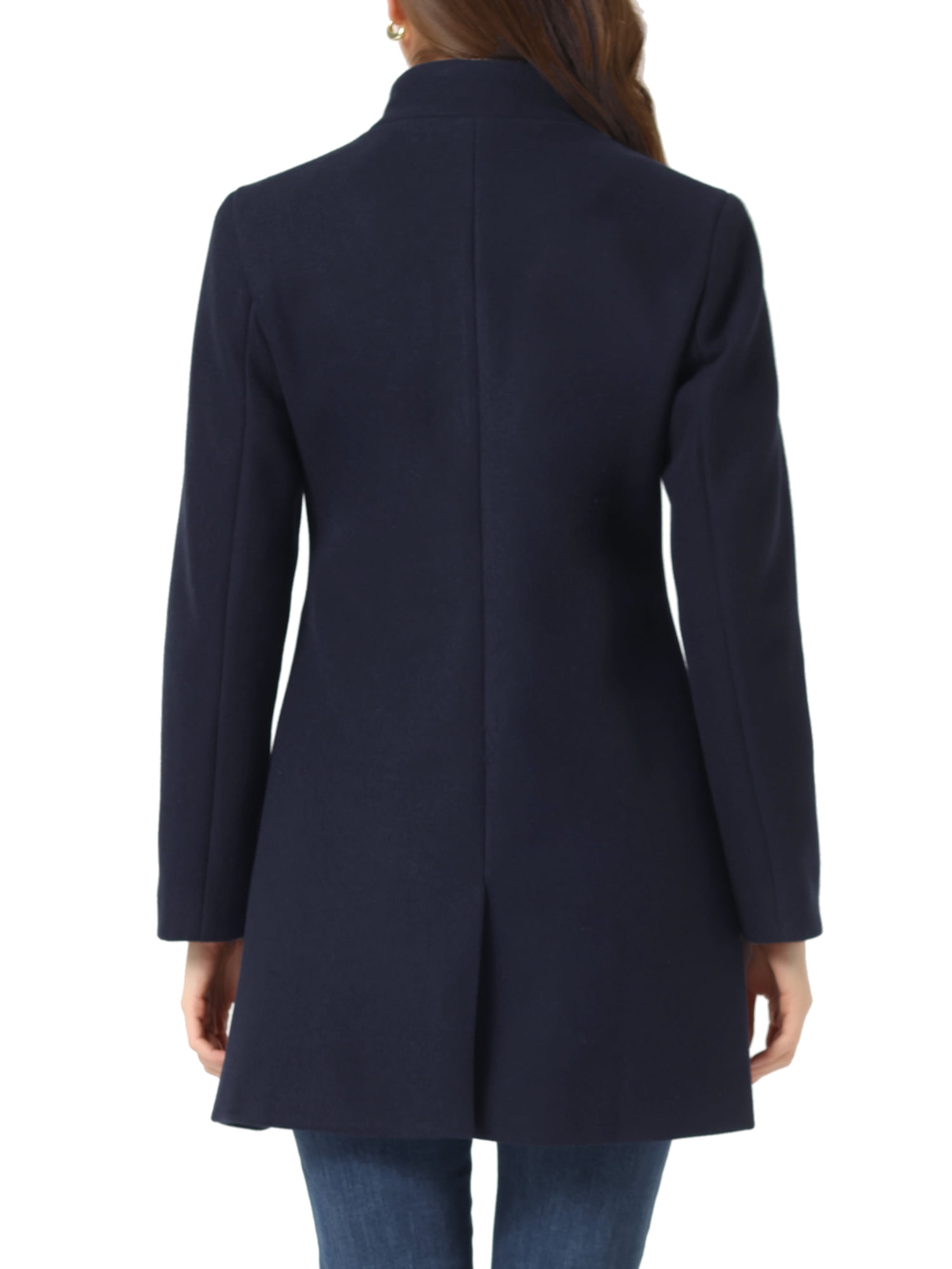 Unique Bargains Women's Winter Overcoat Stand Collar Single Breasted Long Coat S Navy Blue