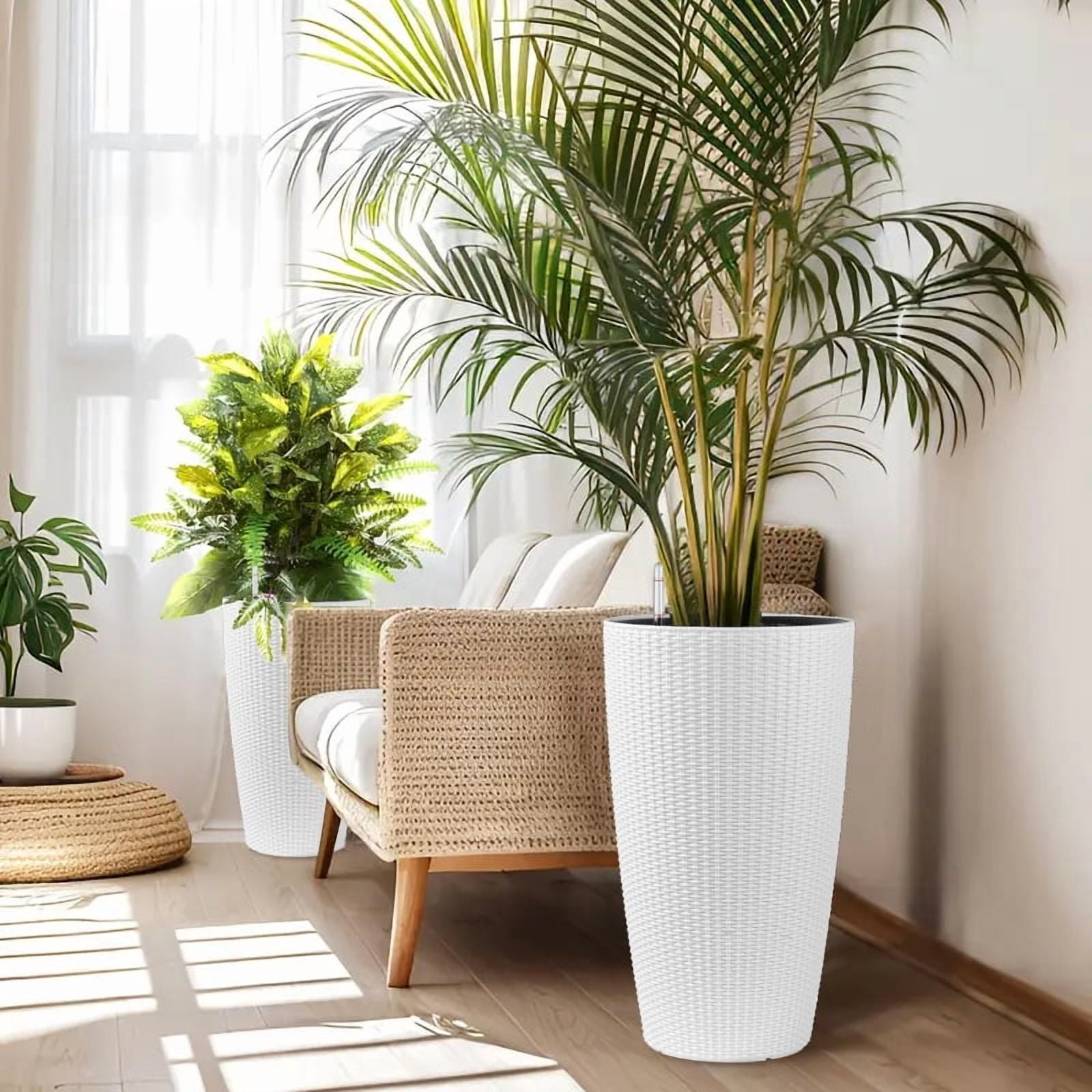 Rattan Planter, 2 Pack Universal Large Plant Pot for Garden Balcony Indoor Outdoor, White