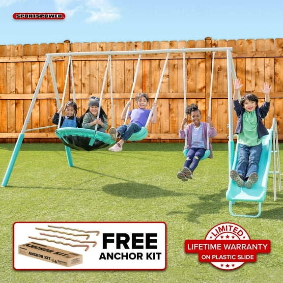 Sportspower Super Saucer Metal Swing Set with 2 Swings, Saucer Swing, & 5' Double Wall Slide with Lifetime Warranty