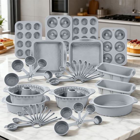Nonstick Silicone Bakeware Set, 46pcs Baking Cake Pan Measuring Spoon, Economical Heat Resistant Bakeware Suppliers Tools Kit Silicone Brush for DIY Loaf Bread Cheesecake Pizza Cupcake Muffin pink