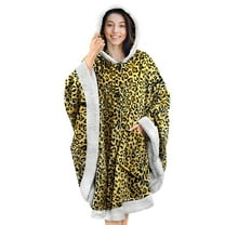 iMounTEK Wearable Blanket Wrap Robe Sweatshirt Soft Lined Cuddle Poncho Cape with Hat 2 Pockets Buttons Leopard