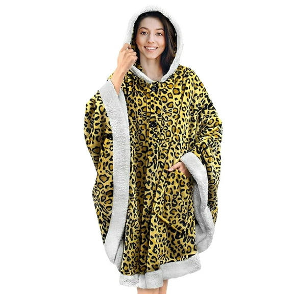 iMounTEK Wearable Blanket Wrap Robe Sweatshirt Soft Lined Cuddle Poncho Cape with Hat 2 Pockets Buttons Leopard